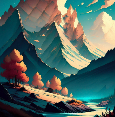 A painting of mountains made by an AI program after given a certain prompt