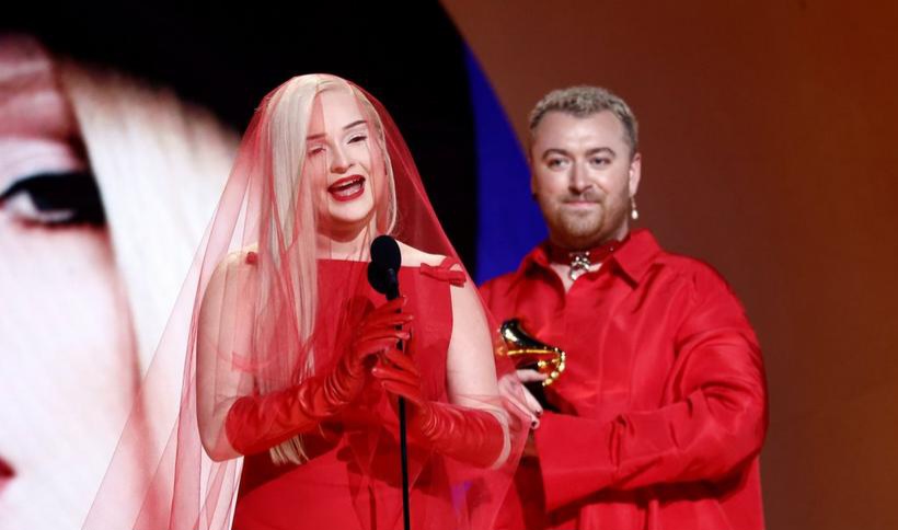 Artists Kim Petras and Sam Smith accepting the Best Pop Duo/Group Performance award for their song Unholy.