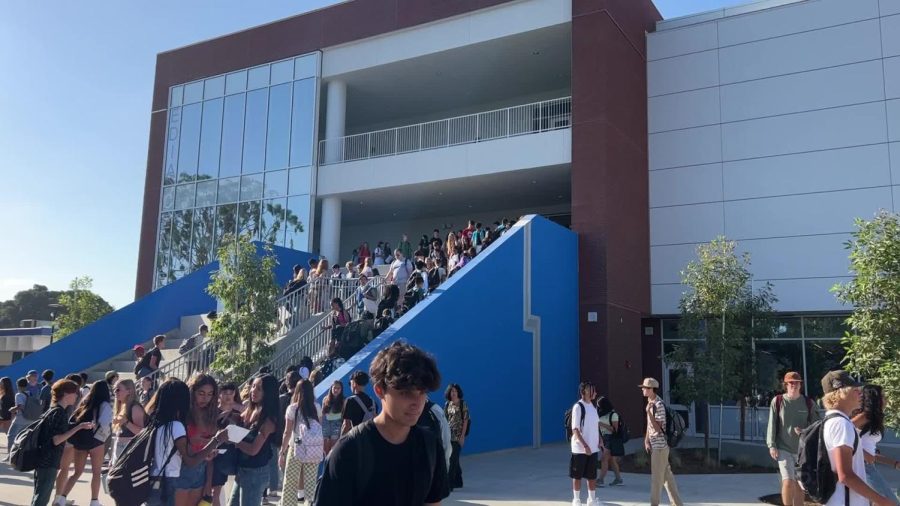 Students filing out of the new STEM building on the Los Alamitos High campus 