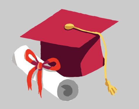 A digital drawing of a red graduation cap and diploma.