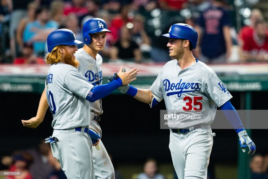 Seager, Bellinger, and Turner celebrating a home run