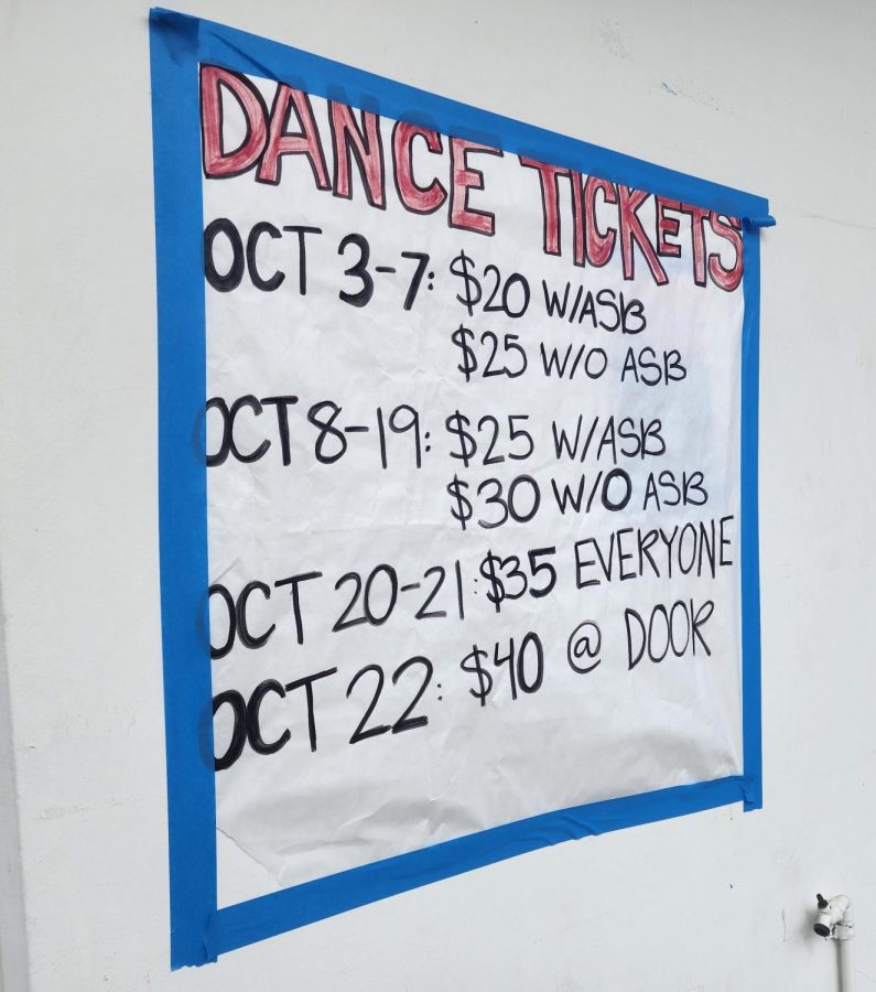 One of the posters around campus listing the dance ticket prices.