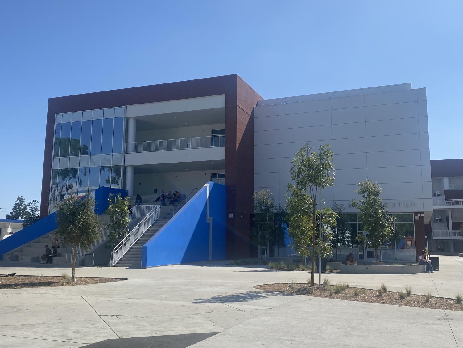 Picture of the brand new STEM building, which has environmental features.