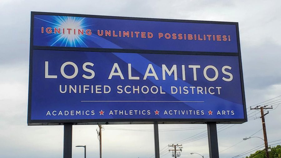 The sign for the Los Alamitos district office, the place where members of the school board come to enact new policy for the district. Los Alamitos, California. Accessed Oct. 13, 2022.