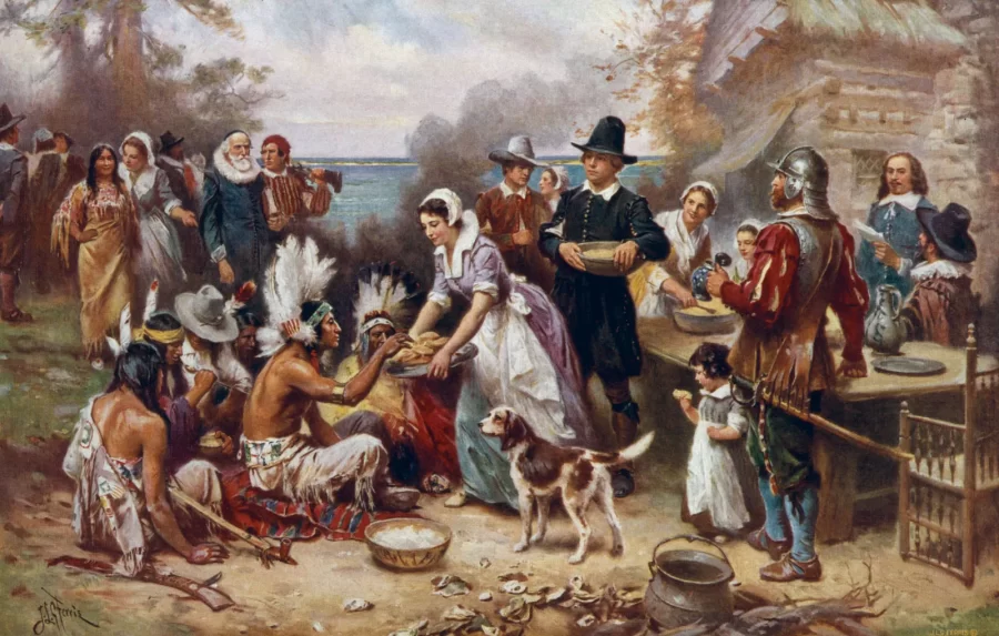 A painting of the 1621 Thanksgiving titled The First Thanksgiving, now criticized by some for its historical inaccuracies.