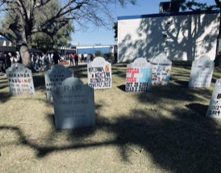 The headstones for the deceased students on a hill at Los Alamitos High School.