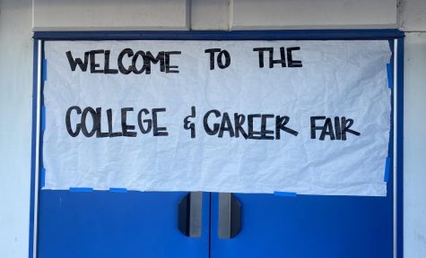 The welcome sign on the door to the College and Career Fair.
