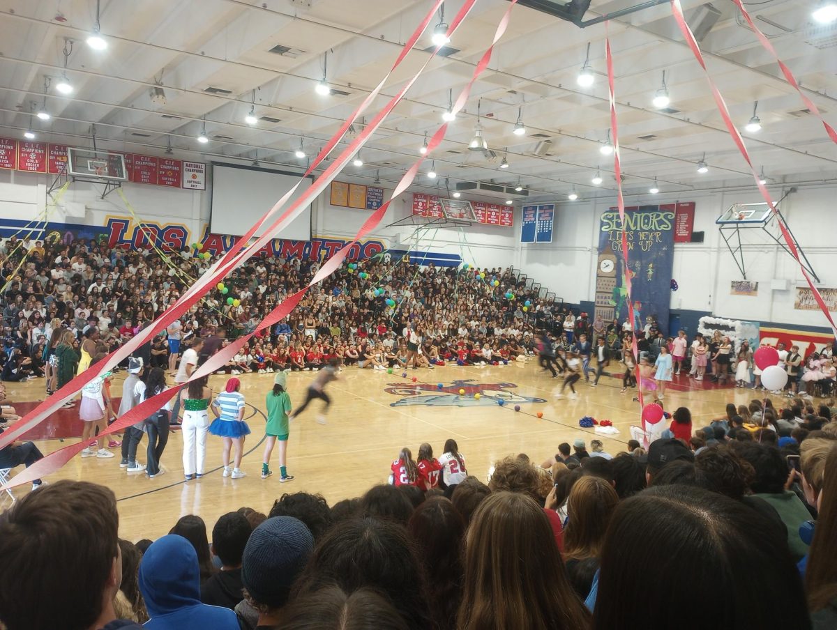 Homecoming nominees and staff playing dodgeball in the gym.