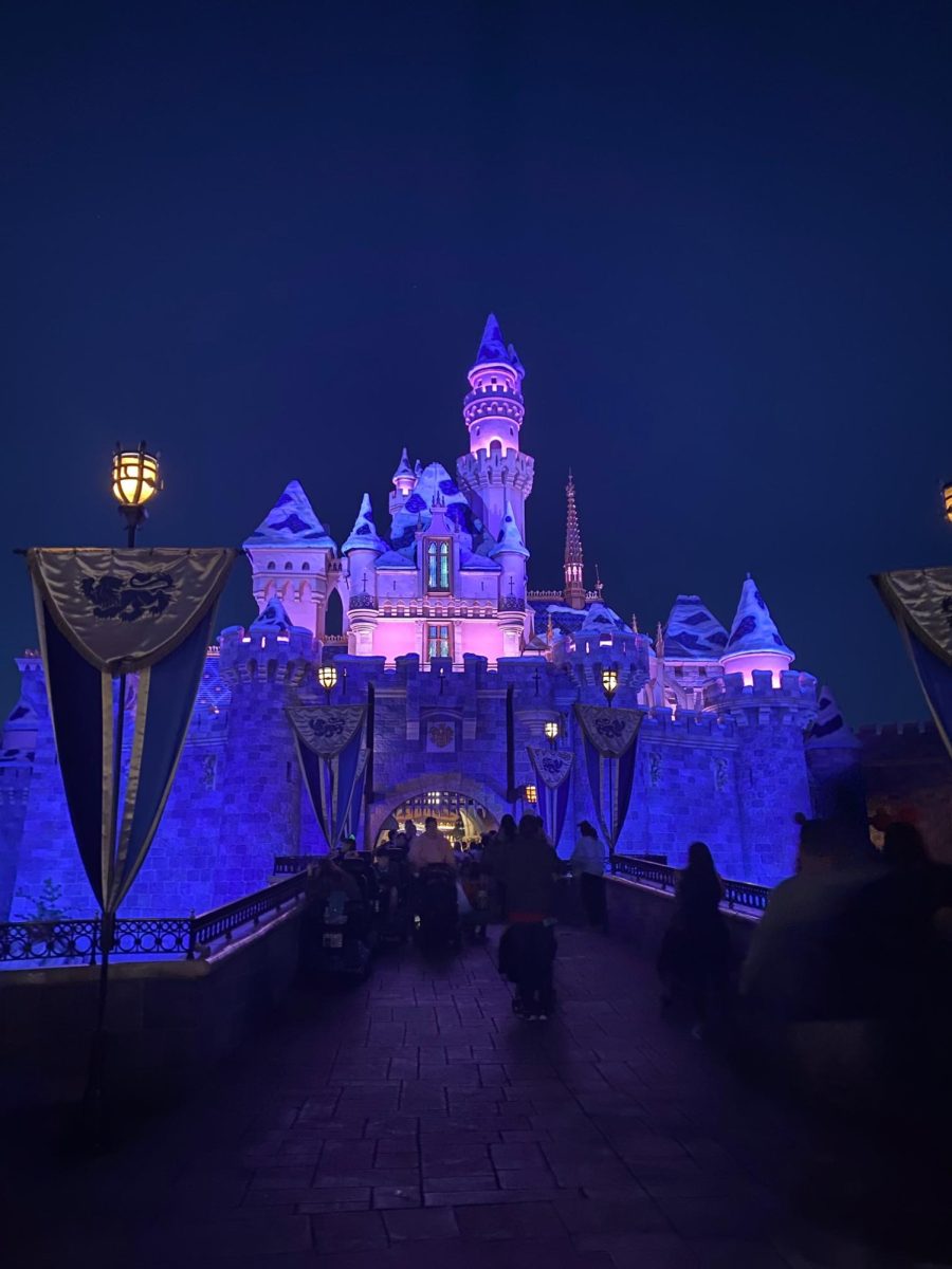 During the winter holiday season, the Sleeping Beauty Castle glows with colored lights and icicle decorations at night.