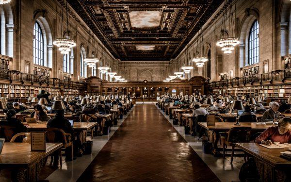 Students study in the Stephen A. Schwarzman Building, the main branch of the New York public library, located in the heart of Manhattan. 