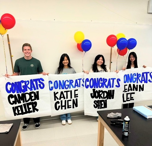 ASB surprises valedictorians Camden Keller, Katie Chen, Jorden Shen, and Leann Lee in their AP Physics C class.