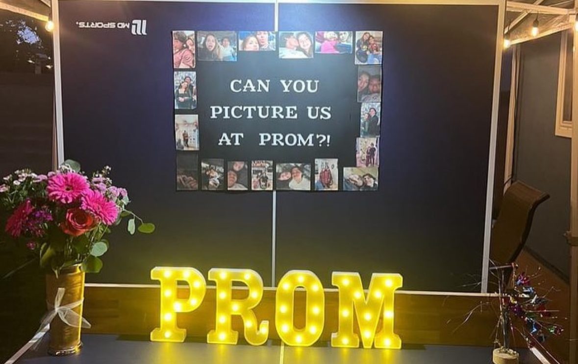 Matthew Castro promposed to Amanda Pierotti with a heartfelt photo collage paired with a prom sign and a beautiful bouquet of flowers!