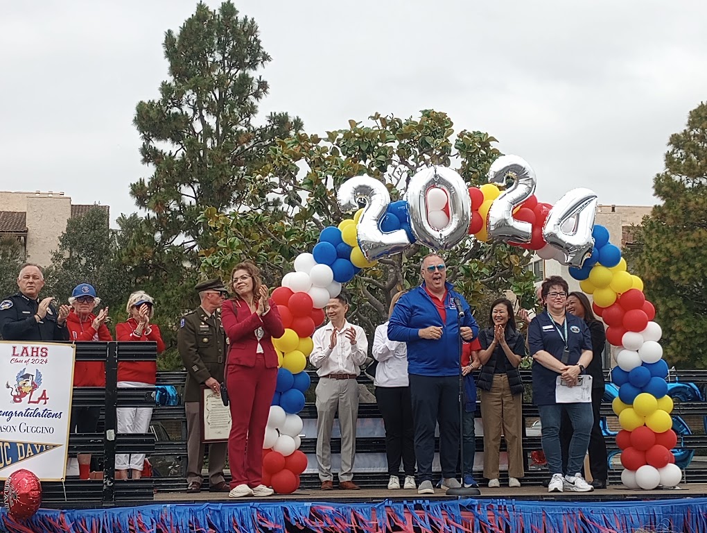 Los Alamitos Unified School District superintendent Dr. Pulver gives an enthusiastic speech to the seniors.