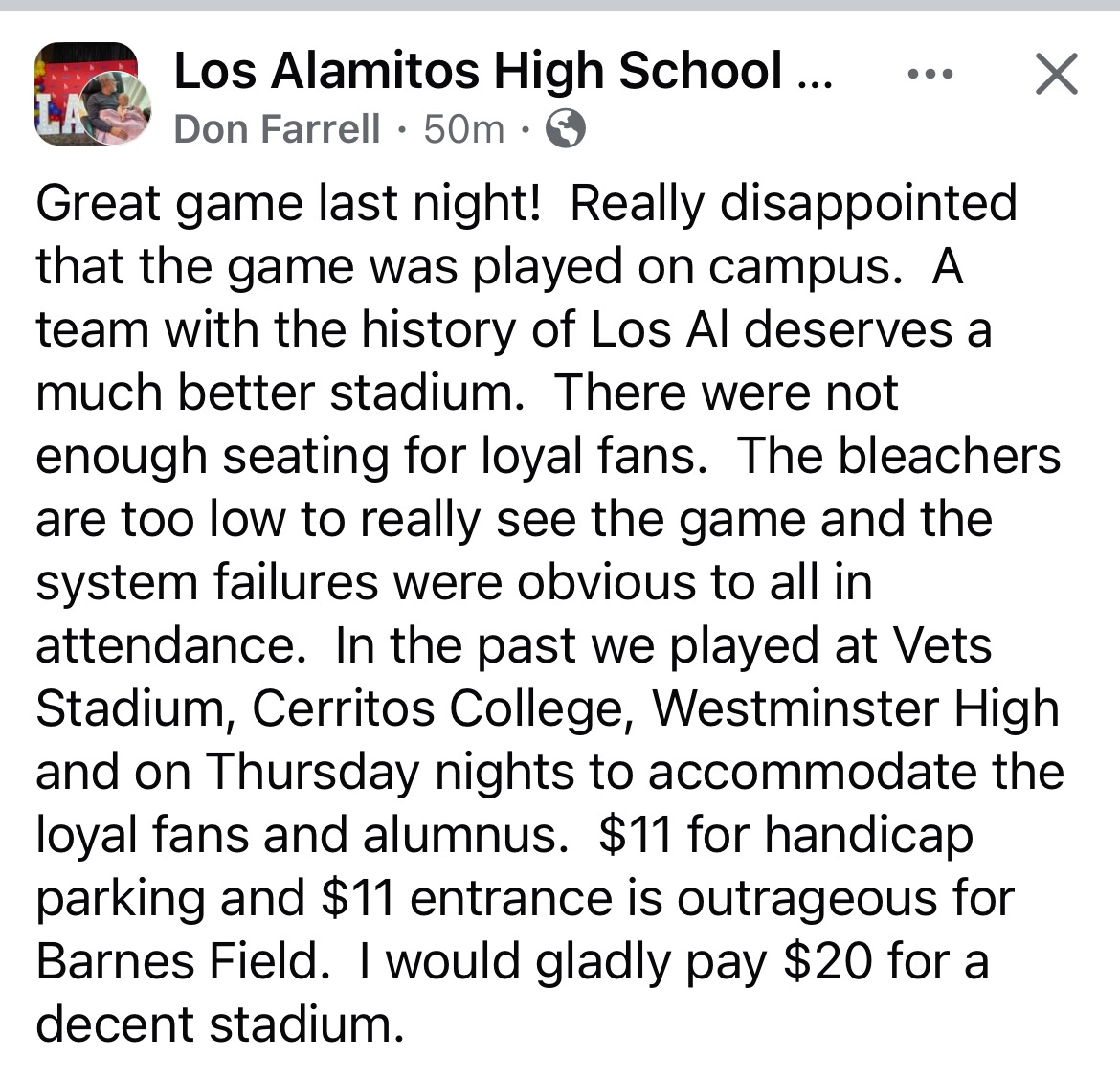 A Facebook user expressed their disappointment about the seating situation on campus during Friday's home game. The user also compared parking prices of the LAHS campus and other locations that Griffins have played.