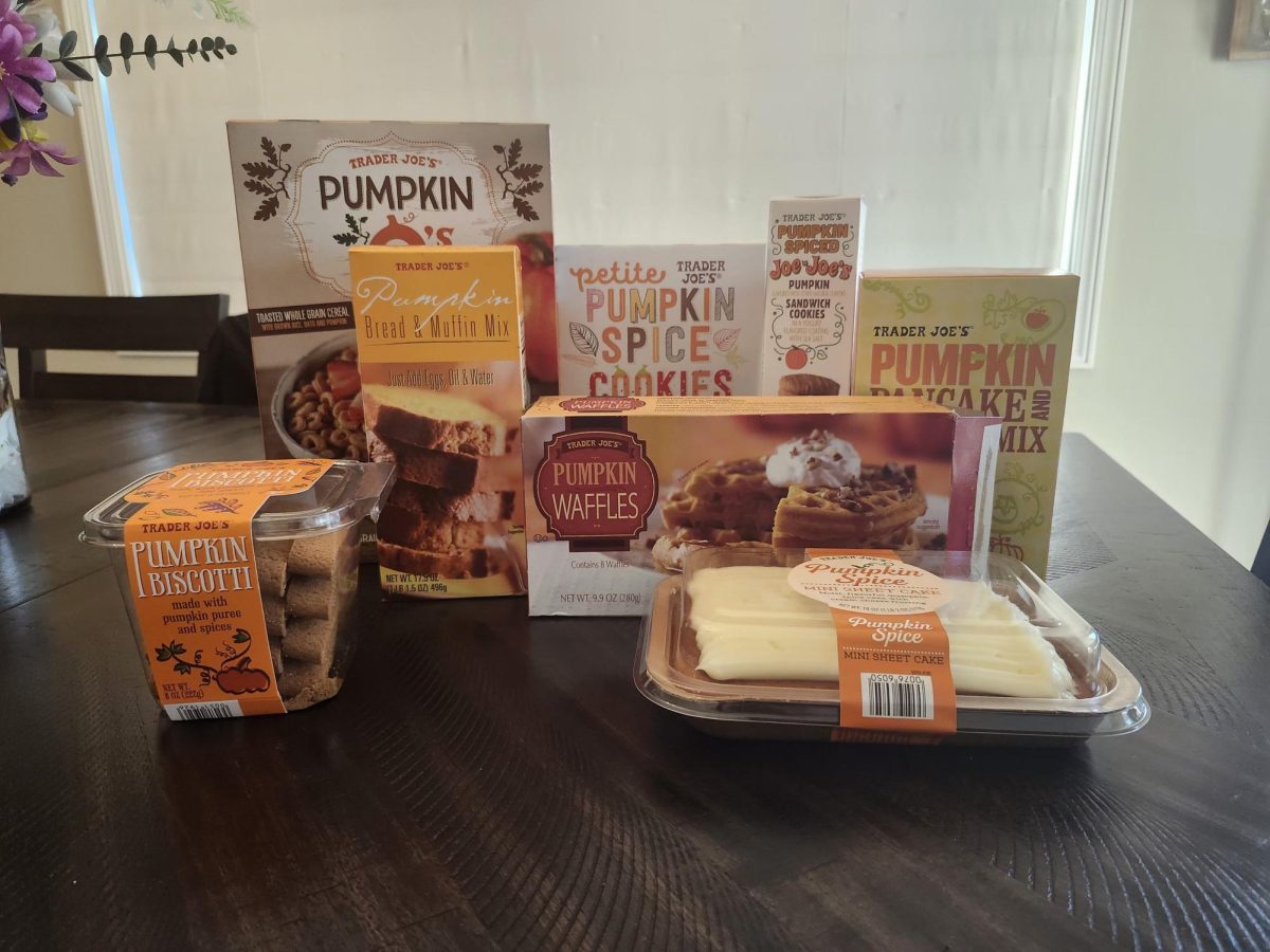 A warm-toned selection of Trader Joe's pumpkin spice products. 