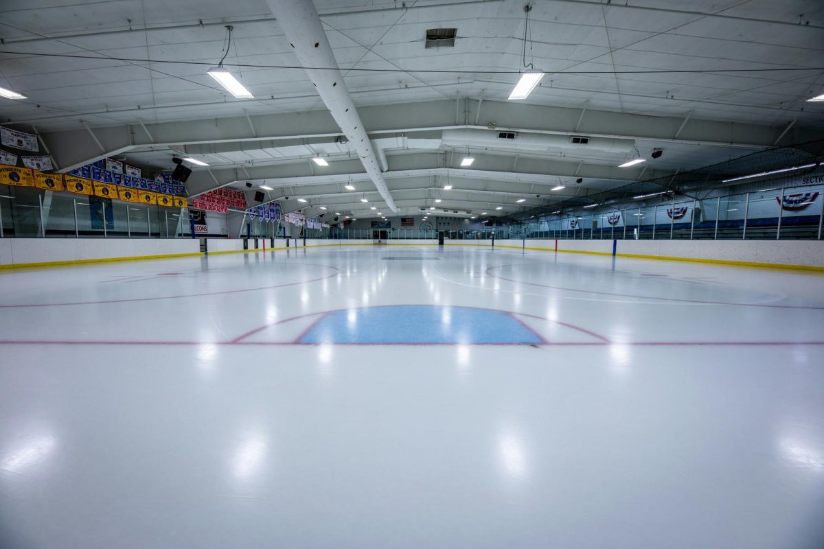 An ice rink where people come to play hockey or ice skate. 