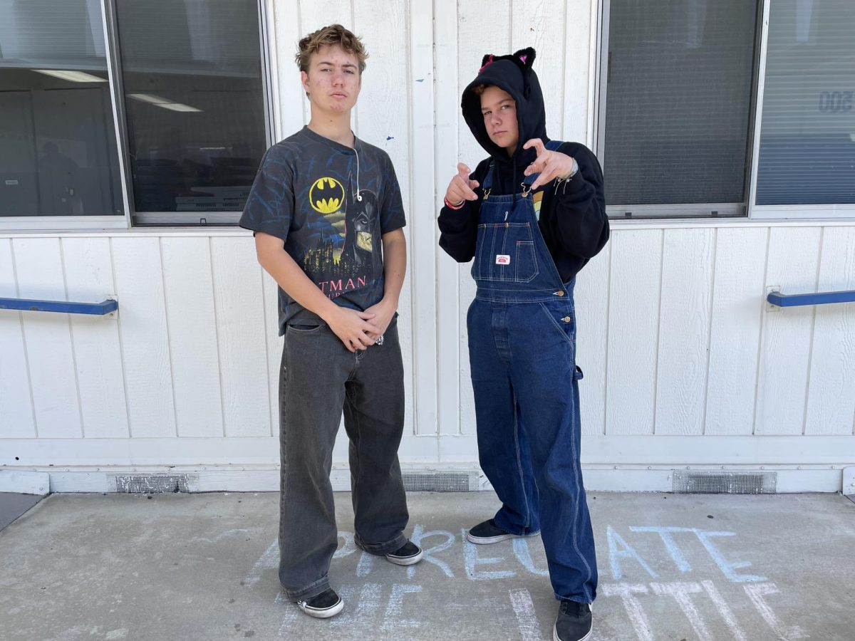 Senior Owen Ingalls and freshman Max Regnier show their rhyme without reason outfit: the bat and a cat.