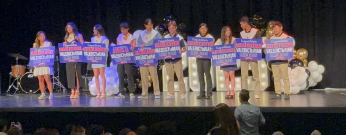 Los Alamitos High School Valedictorians at Senior Awards Night from L-R: Kaylah Rhee, Emma Osborne, Vivian Moore, Daniel Li, Jacob Leung, Adam Kogen, Phoenix Huynh, Alexandra Hatakeyama, Lucas Beltran, and Jeffrey Chung.