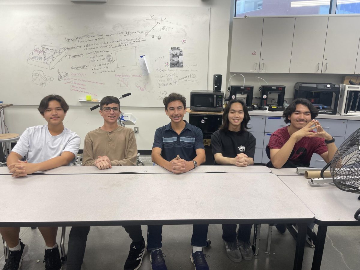 Club organizers from Innovation Club in room 760 who have helped make this year's STEM Expo possible. (From left to right, Michael Greene, Ethan Goddard, Hoss Harman, Nathan Tang, Emilio Lopez)