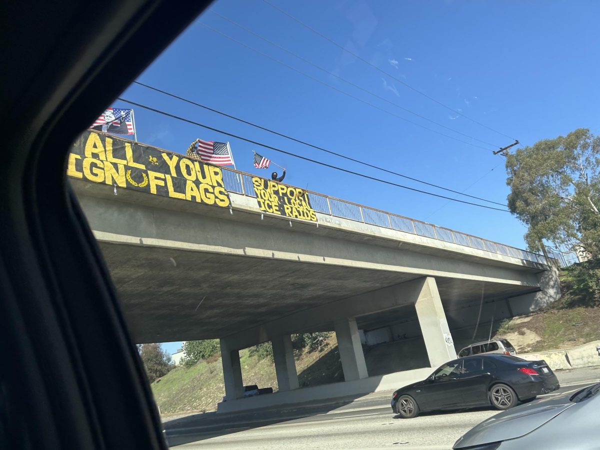 A photo taken in Jan. 2025 of a Long Beach freeway bridge with anti-immigration protesters. Supporters are holding posters supporting local ICE raids. 