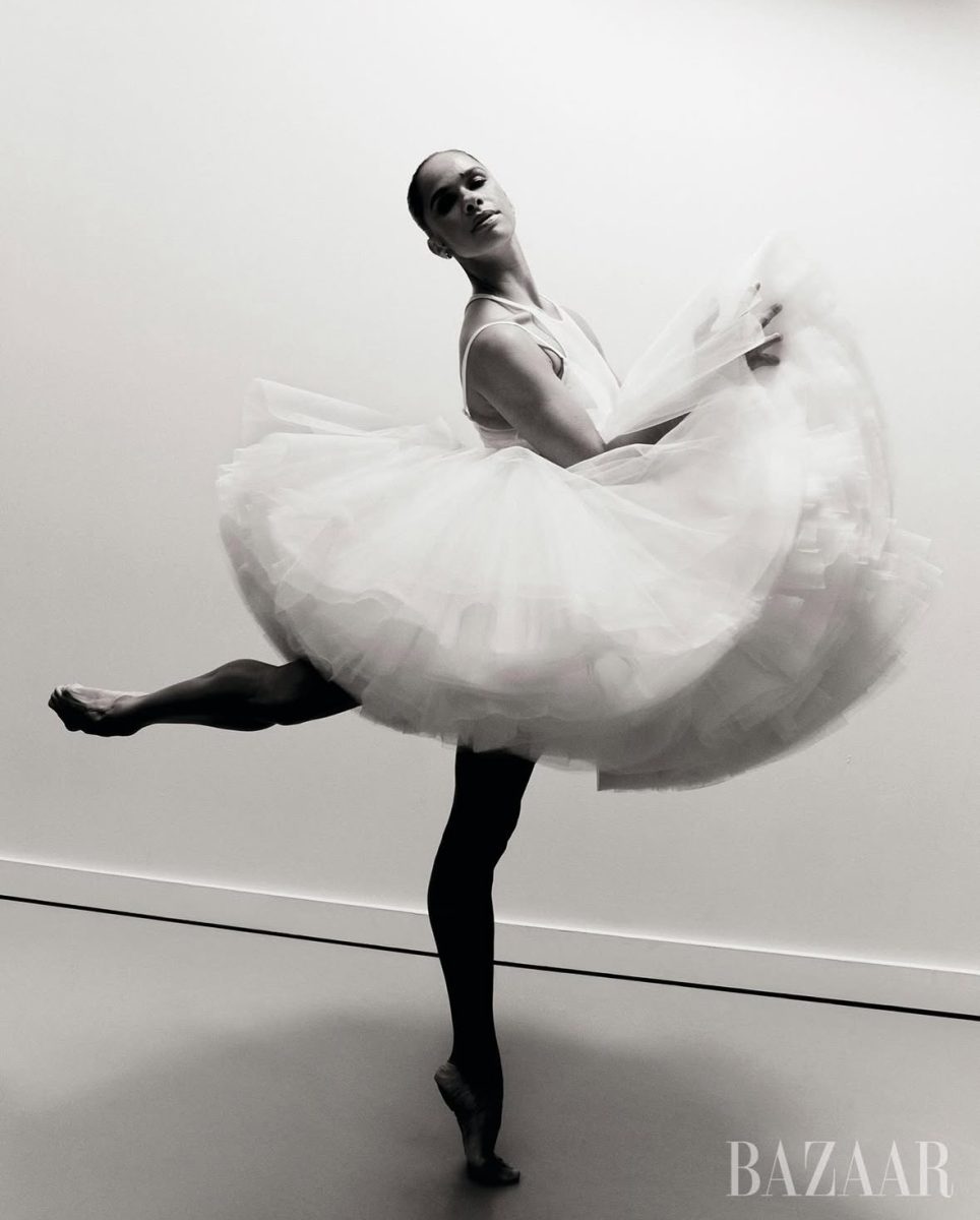 Misty Copeland wearing a Givenchy tutu in a photo shoot with Harper's BAZAAR. 
