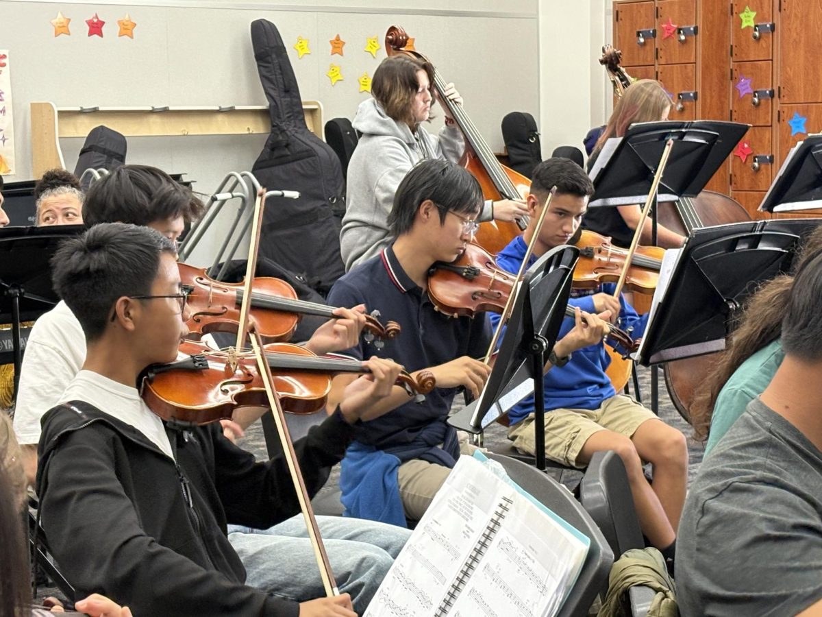 The orchestra class practices in class and at after-school rehearsals.