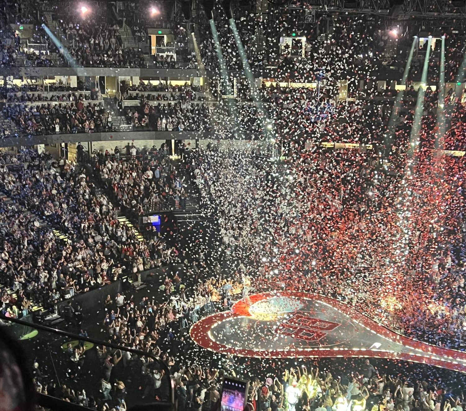 During the song "American Heart", red, white and blue confetti exploded from the stage.