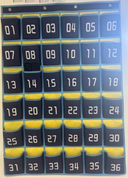 A picture showing a phone caddy which holds students phones at LAHS.