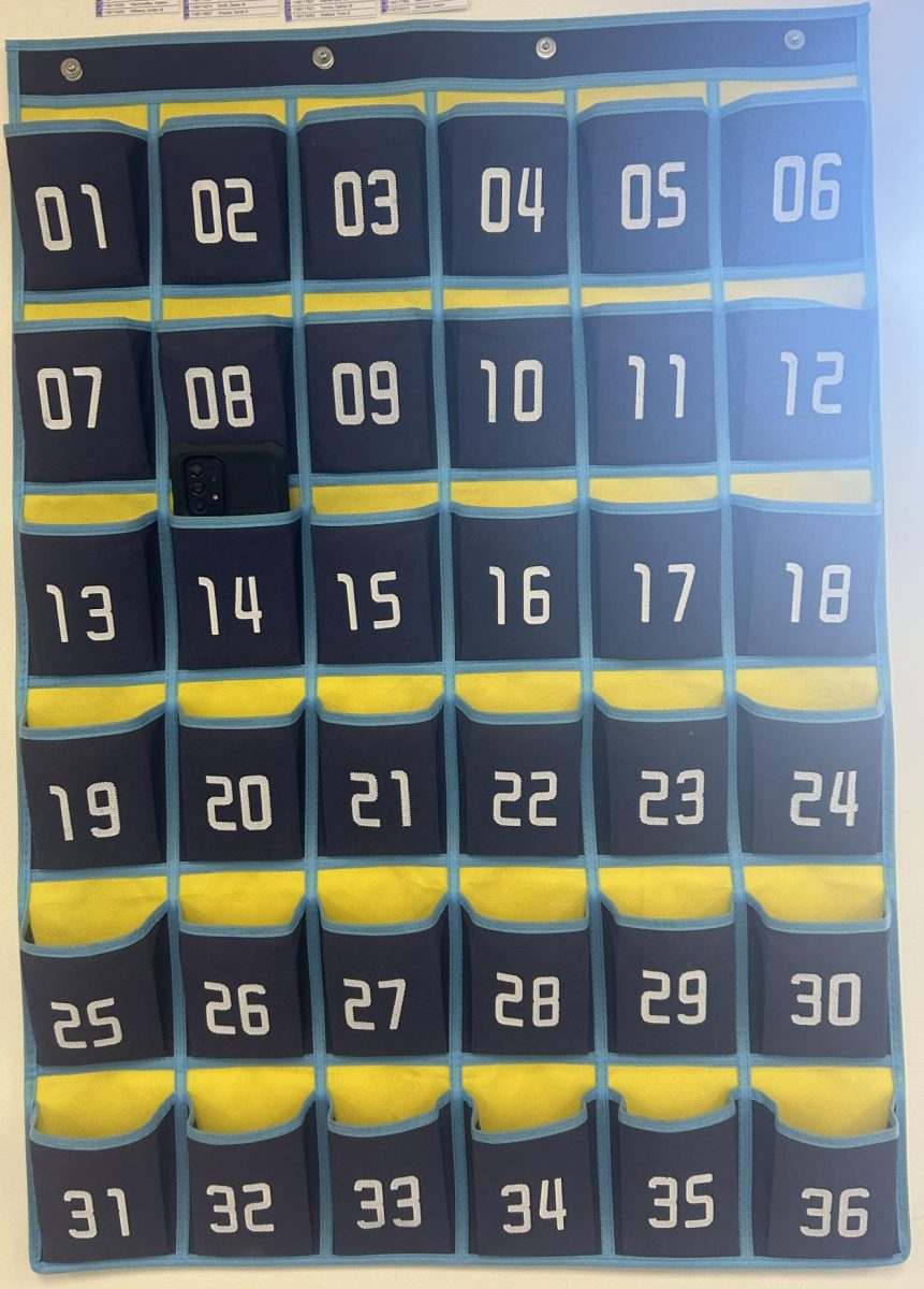 A picture showing a phone caddy which holds students phones at LAHS. 