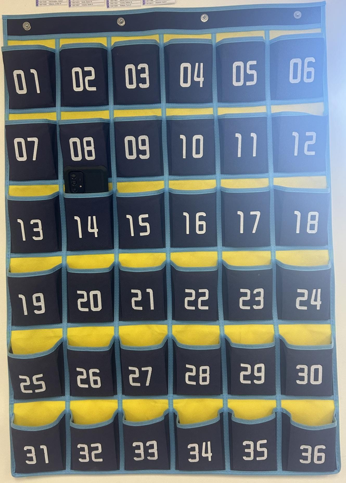 A picture showing a phone caddy which holds students phones at LAHS.