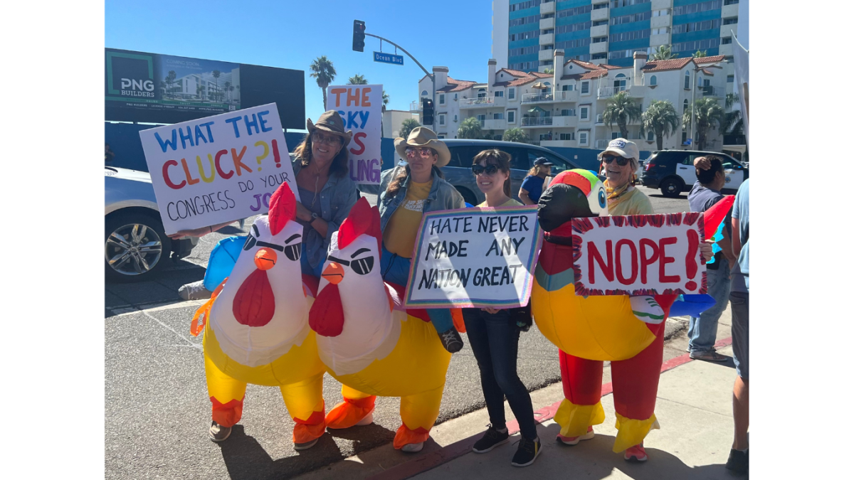 A group of peaceful protesters dressed in chicken costumes and holding signs.