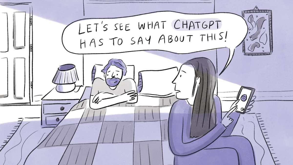An illustration created by ChatGPT showing a man conflicted about AI usage. 
