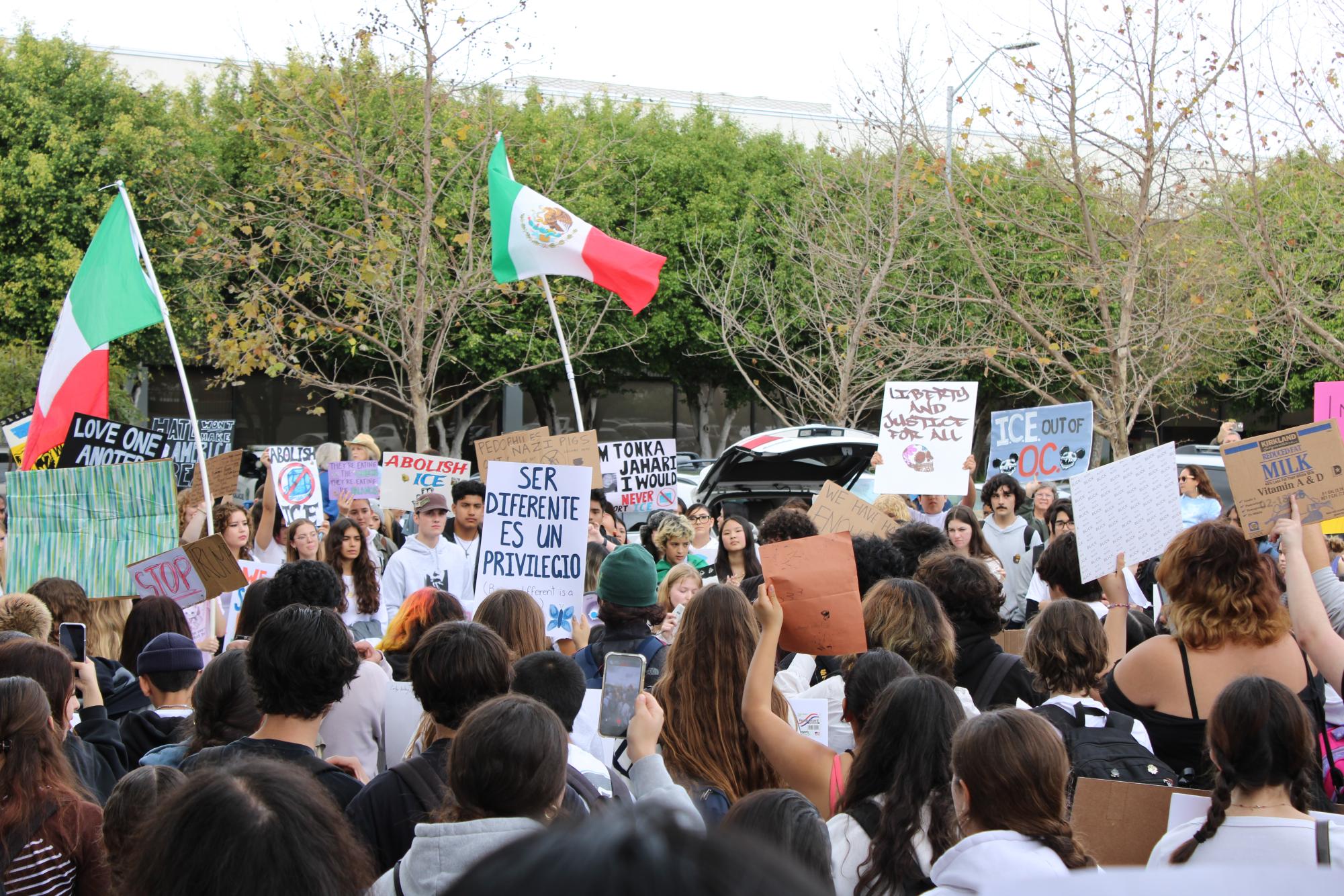 LAHS students gather in front of Los Alamitos City Hall on Wednesday afternoon.