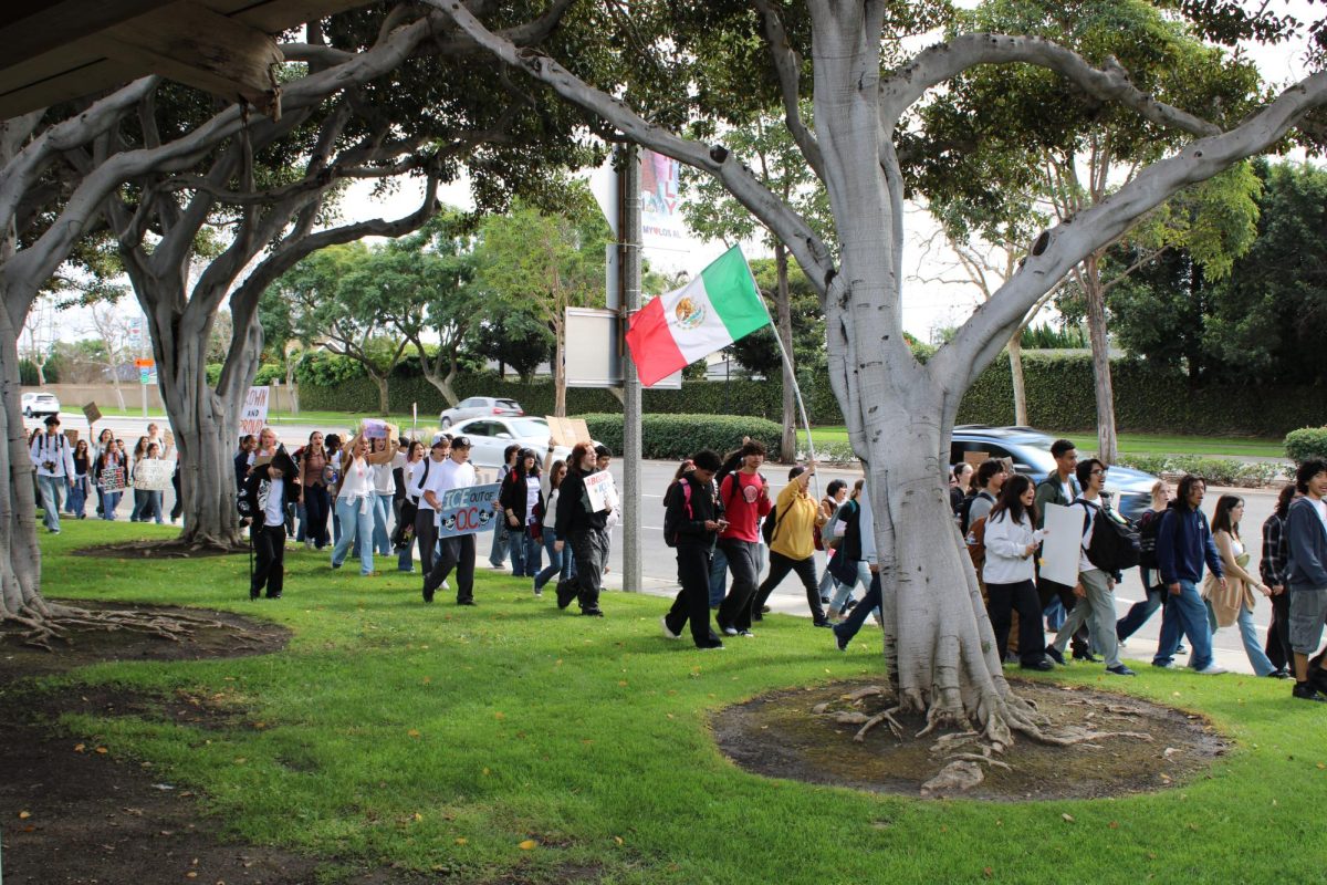 Walkout participants march down the sidewalk on Katella Avenue on Wedesday afternoon.