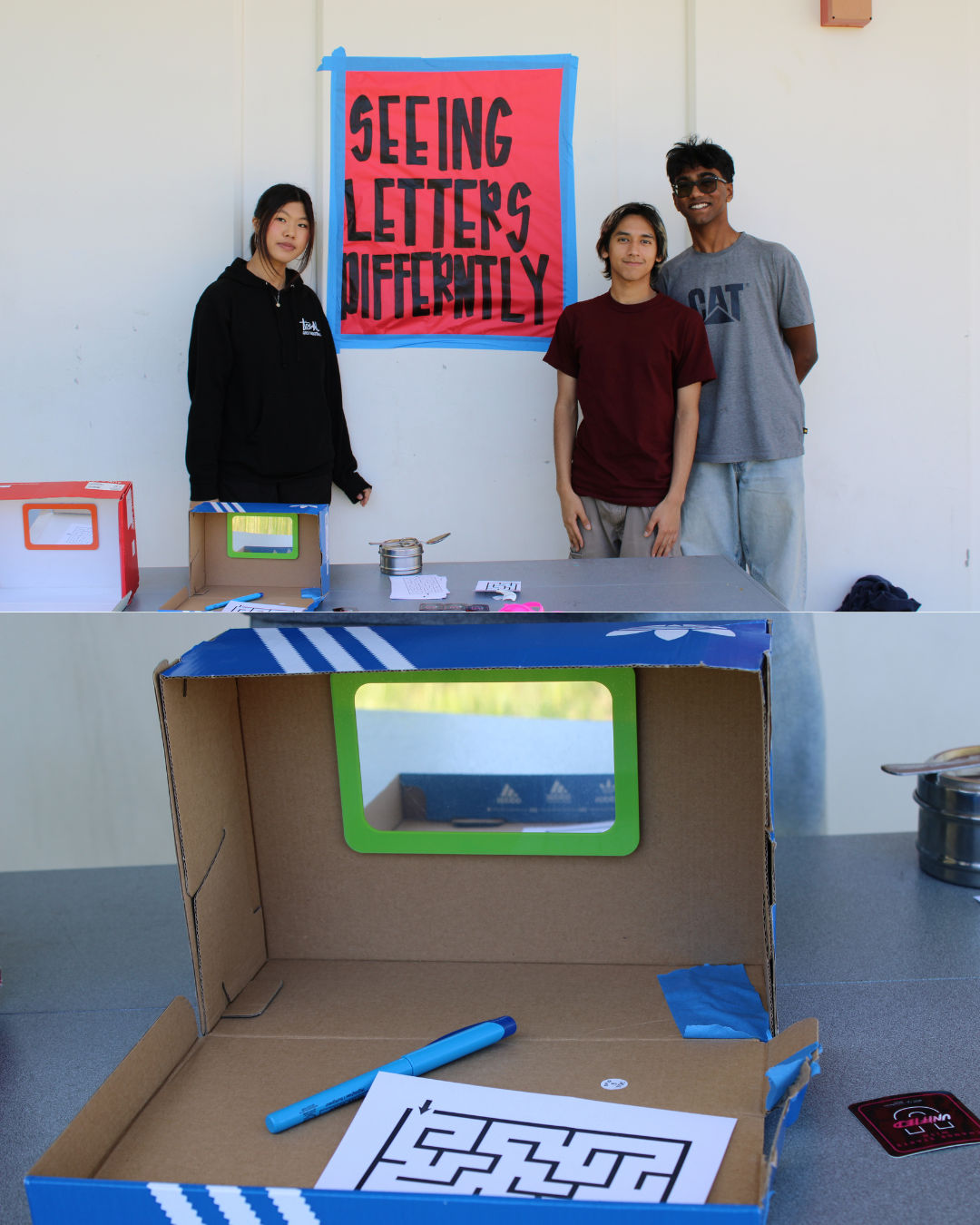 A shoebox with a mirror and a maze showcases what writing or reading may be like for some individuals.