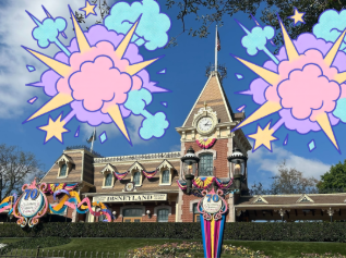A picture of the Disneyland entrance, run down by Disney adults. 