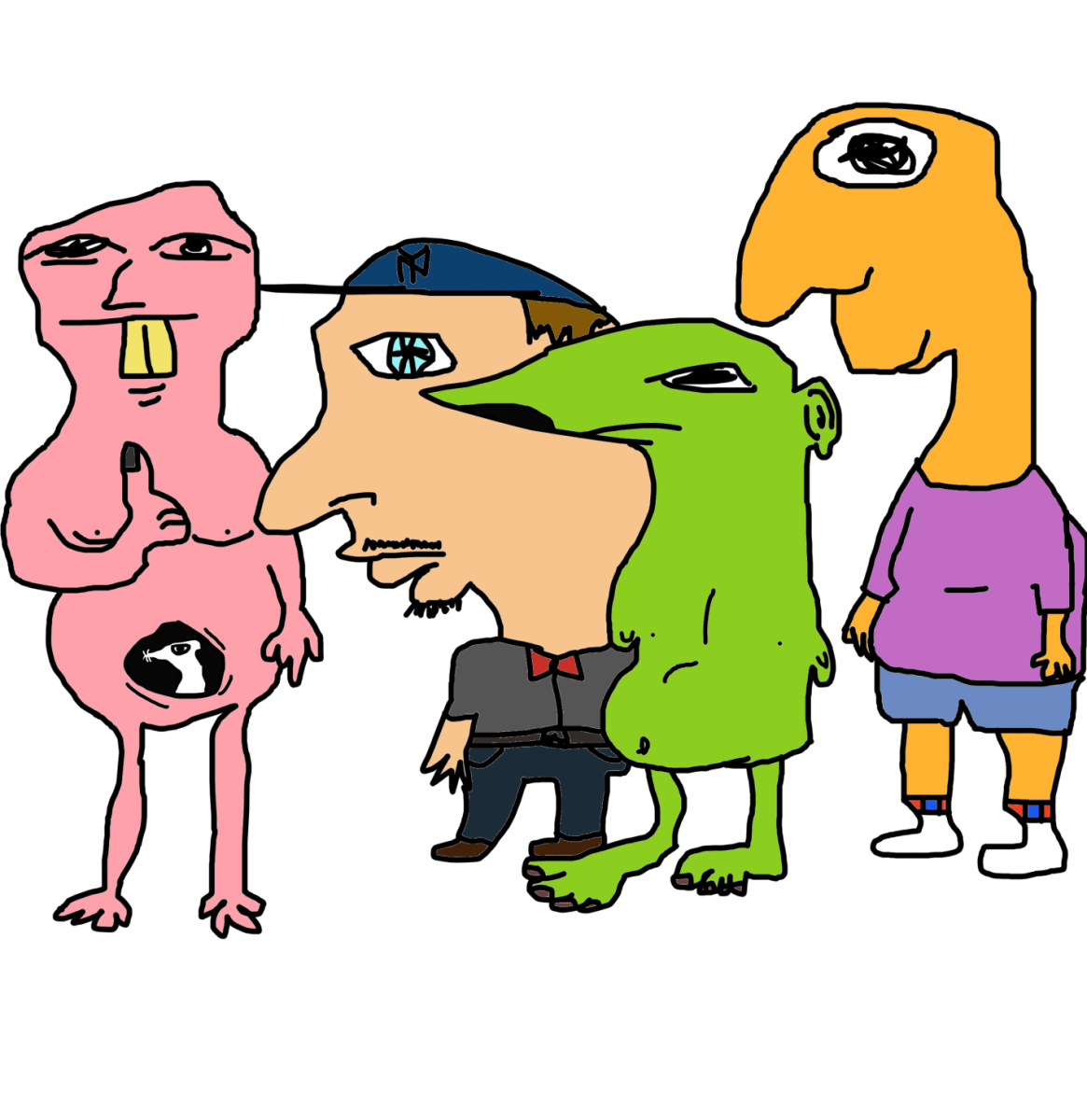 Cast of “Grinning Friends”: Scoobert on the left with Jorge in his bellybutton, OJ on the right, Gleebus the green one and Bert the guy