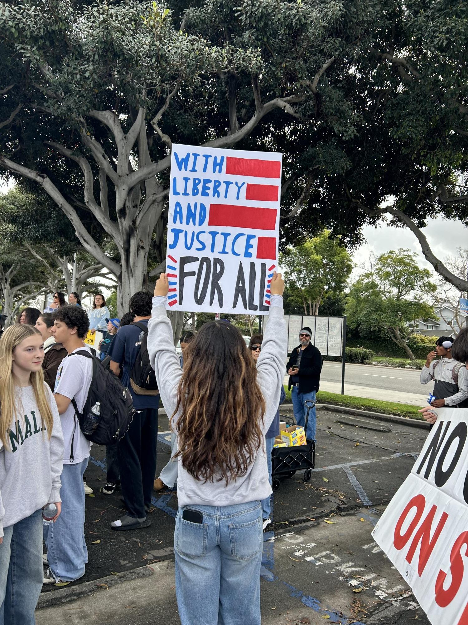 During Los Alamitos High School's protest against Immigration and Customs Enforcement, many students had created signs such as this one, calling for "liberty and justice for all."