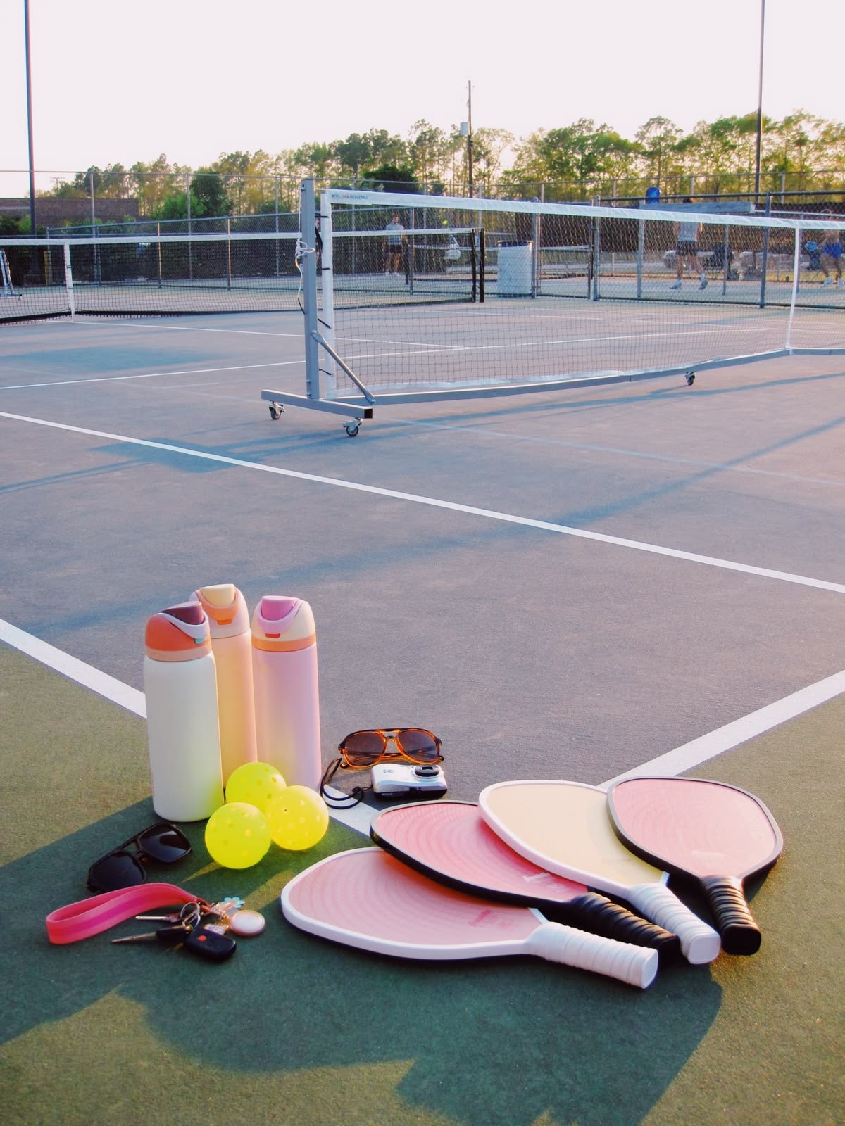 Four painted paddleboards on a pickleball court with pickleballs and sunglasses. 