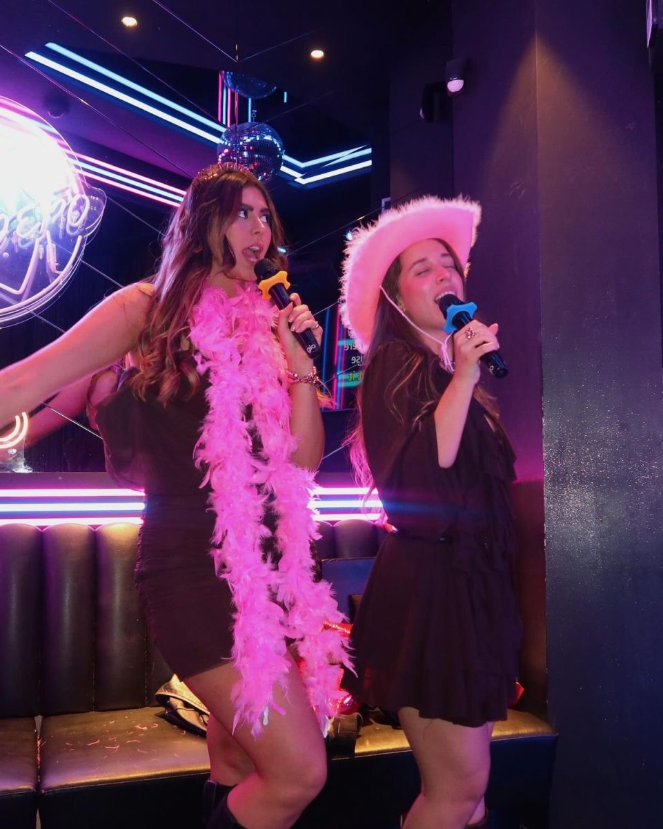 Two girls having a karaoke night with microphones and accessories. 